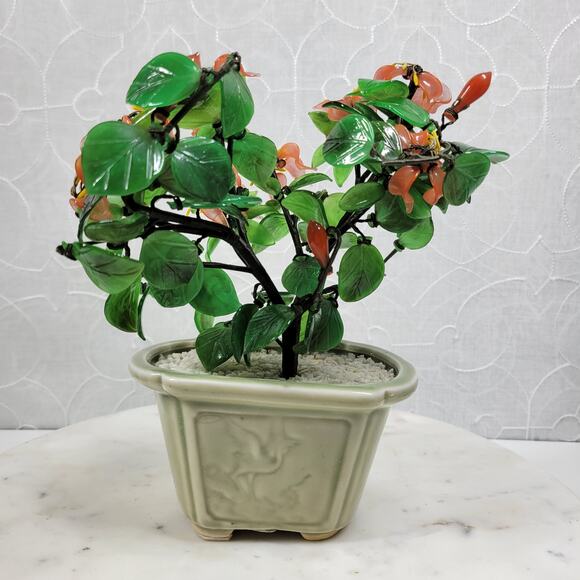 VTG Glass Faux Jade Bonsai Tree 9" Green Coral Handcrafted Art Ceramic Pot - Picture 7 of 16